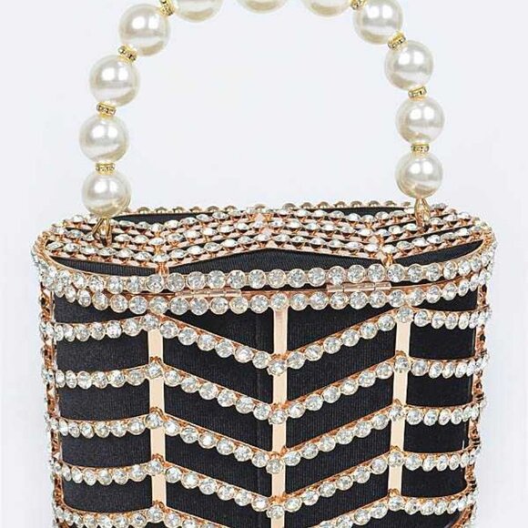 Women Evening Bags Black Clutch Purse Pearl Top-Handle Metal  Crystal Cage Pearl Handle Clutch Bag - Black